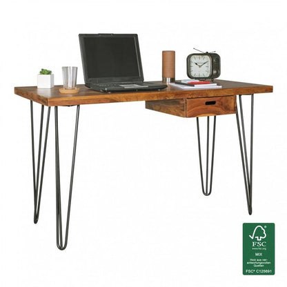 bureau Bagli bruin 130 x 60 x 76 cm massief houten laptop tafel Sheesham Nature | Landelijke stijl werktafel met plank | Kantoor tafel Pc-tafel