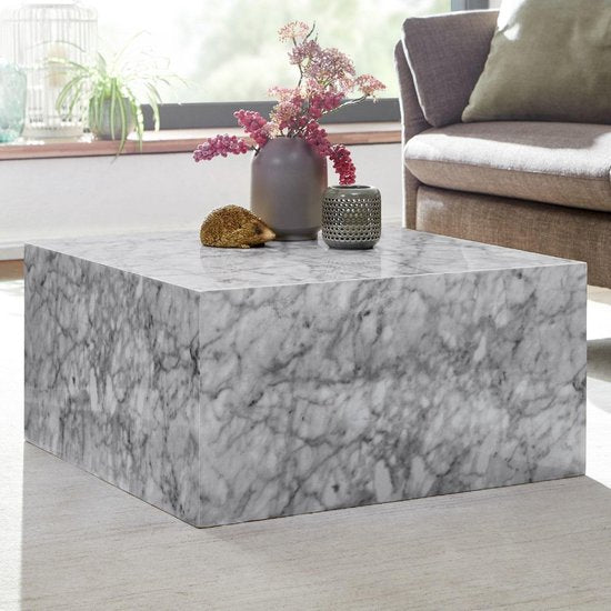 salontafel MONOBLOC 60x30x60 cm hoogglans met marmerlook wit | Design salontafel Cube vierkant | Lounge bijzettafel in kubusvorm