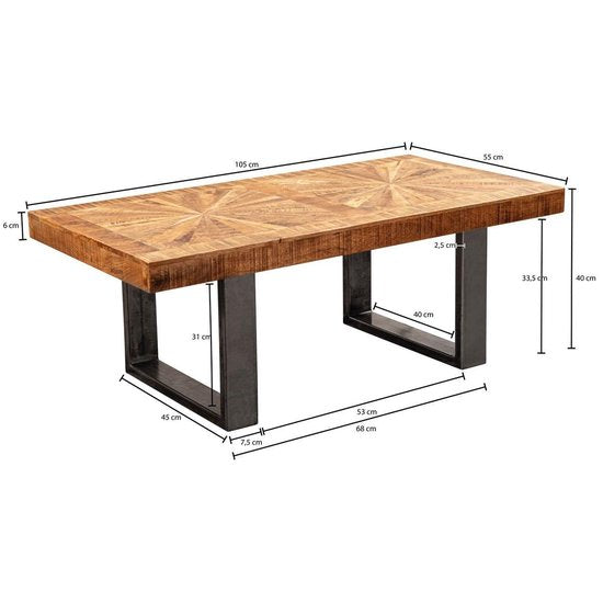 modern coffee table mango solid wood 105x40x55 cm table in industrial design | Coffee table with wood and metal | Rustic coffee table