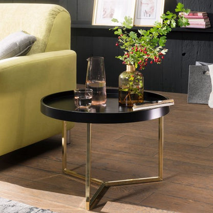 Salontafel EVA 58,5x42x58,5cm zwart / goud salontafel metaal rond | Design retro salontafel modern | Kleine loungetafel met metalen frame | Ronde dienbladlijst met houten plaat