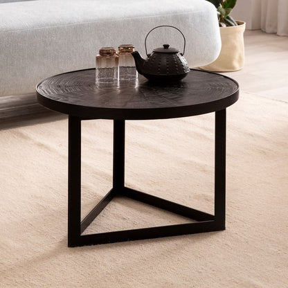 Salontafel 58x58x40 cm Mango Massief Hout / Metaal Zwart Salontafel Rond | Design woonkamertafel Industrieel | Salontafel woonkamer massief met houtpatroon