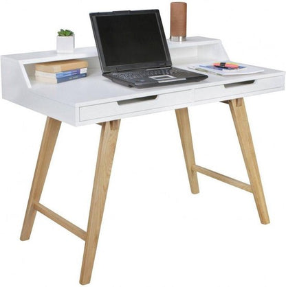 bureau SKANDI 110 x 85 x 60 cm MDF hout Scandinavische wit mat werktafel | Ontwerp Laptop tafel met kabelaansluiting | Office tafel met eiken poten