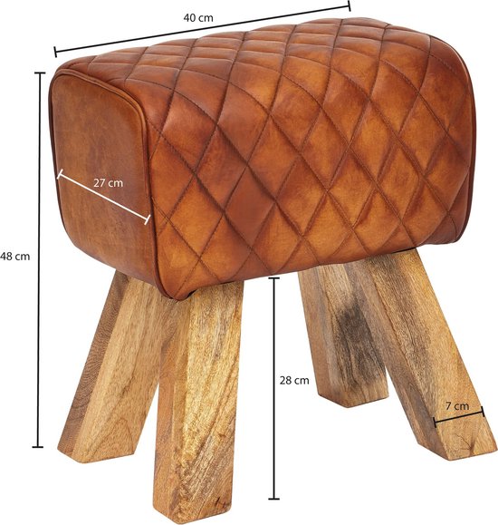 kruk echt leer / massief hout 40x48x27 cm Moderne voetenbank | Turnbock lederen kruk bruin | Kleine kruk Gestoffeerde houten kruk met lederen bekleding