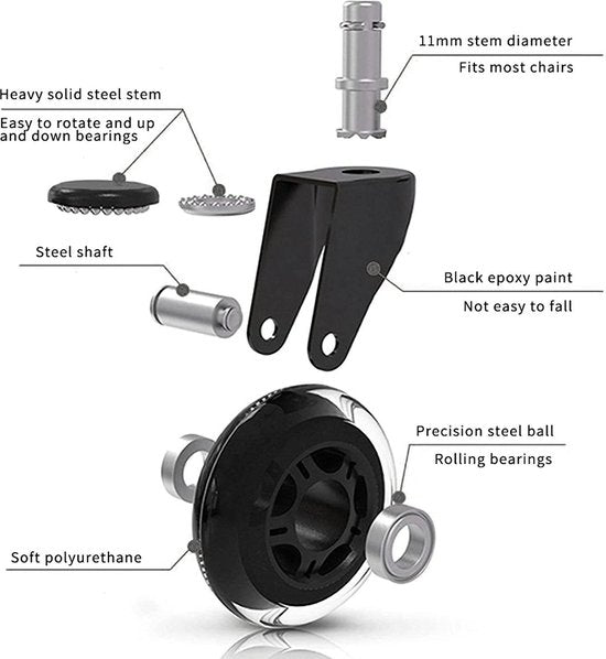 Bureaustoel wieltjes - Zwart - 11mm/70mm � Zwenkwielen - Bureaustoelwielen � Bureaustoel Wielen - Bureaustoel Mat- Wieltjes voor Stoelen- Set van 5 - Bureaustoel wielen voor vloerbedekking / laminaat