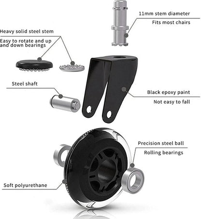 Bureaustoel wieltjes - Zwart - 11mm/70mm � Zwenkwielen - Bureaustoelwielen � Bureaustoel Wielen - Bureaustoel Mat- Wieltjes voor Stoelen- Set van 5 - Bureaustoel wielen voor vloerbedekking / laminaat