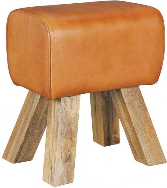 Kruk leer bruin massief houten springbok voetenbank gymnastiek kruk