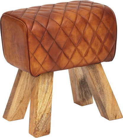 kruk echt leer / massief hout 40x48x27 cm Moderne voetenbank | Turnbock lederen kruk bruin | Kleine kruk Gestoffeerde houten kruk met lederen bekleding