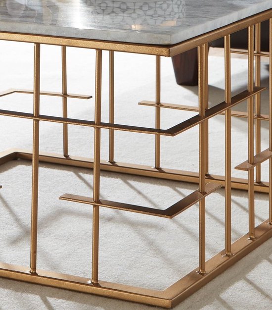 Koffietafel Echt Marmer en Metaal 55x55x35 cm Salontafel Wit Goud | Tafel Woonkamer Vierkant | Woonkamertafel Modern | Kleine Bijzettafel