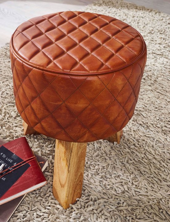 kruk echt leer / massief hout 35x46x35 cm moderne voetenbank rond | Turnbock lederen kruk bruin | Kleine kruk Gestoffeerde houten kruk met lederen bekleding