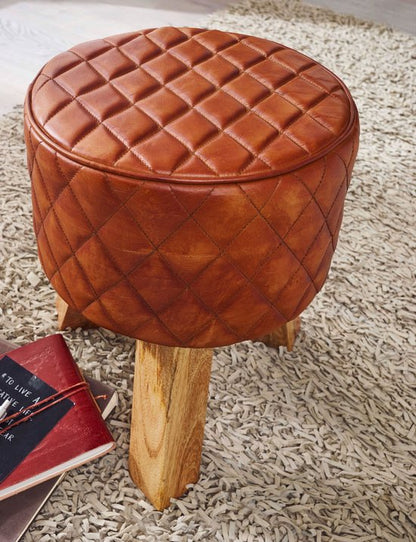 kruk echt leer / massief hout 35x46x35 cm moderne voetenbank rond | Turnbock lederen kruk bruin | Kleine kruk Gestoffeerde houten kruk met lederen bekleding