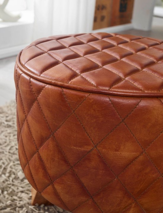 kruk echt leer / massief hout 35x46x35 cm moderne voetenbank rond | Turnbock lederen kruk bruin | Kleine kruk Gestoffeerde houten kruk met lederen bekleding