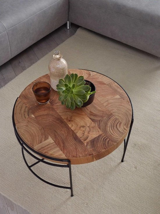 salontafel 62x40x62 cm salontafel acacia massief hout / metaal | Ronde salontafel met metalen poten | Kleine design tafel massief | Houten tafel woonkamer industrieel