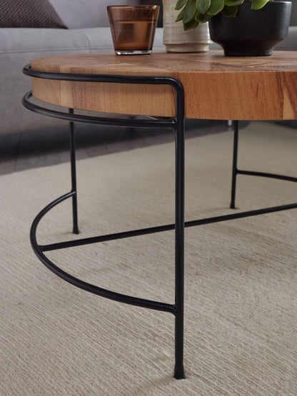 salontafel 62x40x62 cm salontafel acacia massief hout / metaal | Ronde salontafel met metalen poten | Kleine design tafel massief | Houten tafel woonkamer industrieel