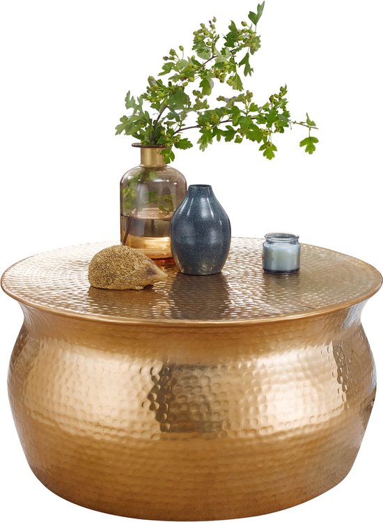 salontafel KARAM 60x30,5x60 cm aluminium gouden bijzettafel oosterse rond | Plat gehamerd koffietafeltje metaal Design salontafel modern | Tafel klein Indiaas stub tafel klein