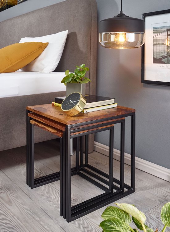Sky Style- Set van 3 Sheesham Massief Hout / Metalen Bijzettafel Vierkant Modern | Design Salontafel 3-Delig | Woonkamer Tafels Ruimtebesparend | Houten Tafel Set Woonkamer Tafels