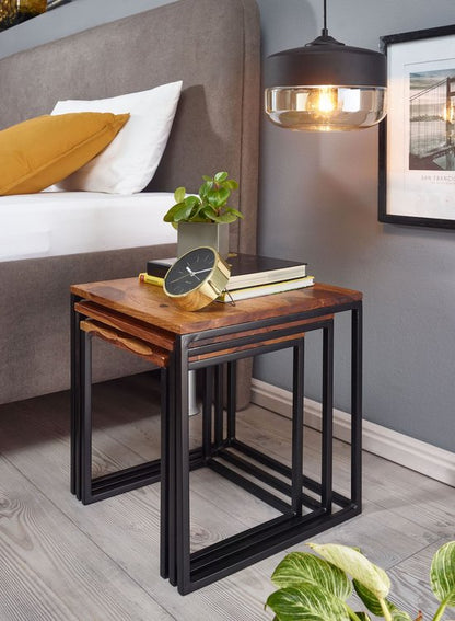 Sky Style- Set van 3 Sheesham Massief Hout / Metalen Bijzettafel Vierkant Modern | Design Salontafel 3-Delig | Woonkamer Tafels Ruimtebesparend | Houten Tafel Set Woonkamer Tafels