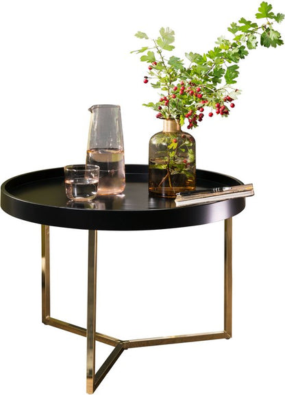 Salontafel EVA 58,5x42x58,5cm zwart / goud salontafel metaal rond | Design retro salontafel modern | Kleine loungetafel met metalen frame | Ronde dienbladlijst met houten plaat