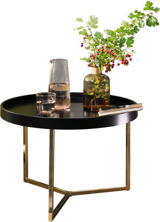 Salontafel EVA 58,5x42x58,5cm zwart / goud salontafel metaal rond | Design retro salontafel modern | Kleine loungetafel met metalen frame | Ronde dienbladlijst met houten plaat
