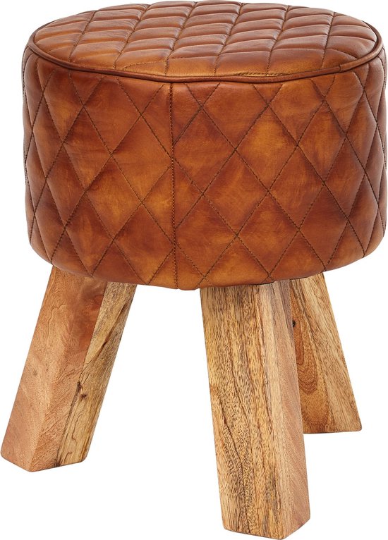 kruk echt leer / massief hout 35x46x35 cm moderne voetenbank rond | Turnbock lederen kruk bruin | Kleine kruk Gestoffeerde houten kruk met lederen bekleding