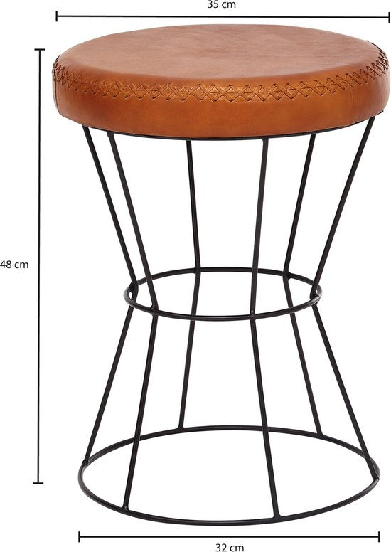 kruk echt leer / metaal 35 x 48 x 35 cm design kruk rond | Decoratieve kruk met lederen bekleding Moderne lederen kruk bekleed in bruin