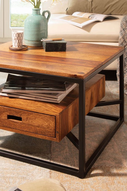 Koffietafel Massif Sheesham-Hout en Metaal 60x60x40 cm Salontafel | Tafel Woonkamer Vierkant met Lade | Kleine Woonkamertafel Bijzettafel