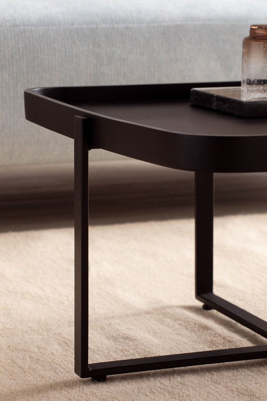 Salontafel 65x65x35 cm Mango Massief Hout / Metaal Zwart Sofa Tafel Vierkant | Design woonkamertafel met opstaande rand | IndustriÃ«le salontafel woonkamer met afgeronde hoeken