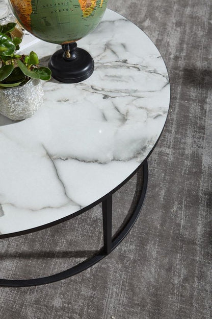 salontafel rond 80x40x80 cm met marmerlook wit | Salontafel met zwart metalen frame | Moderne decoratieve tafel