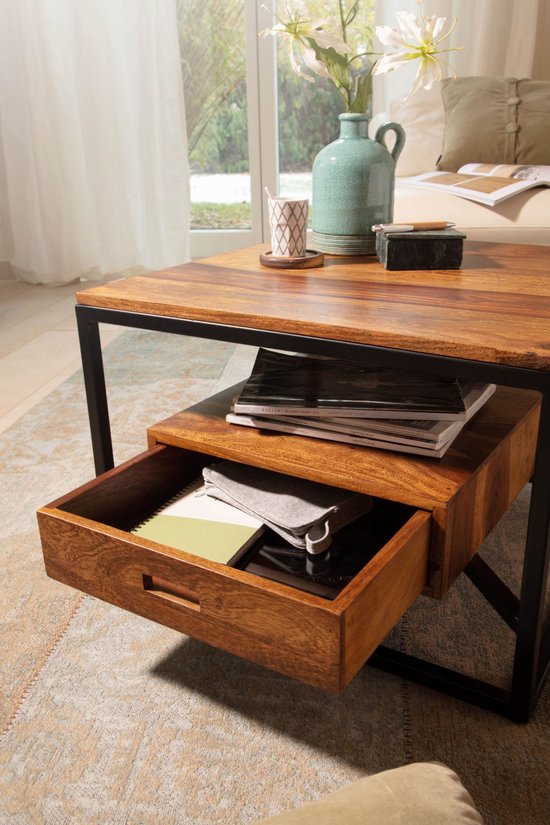 Koffietafel Massif Sheesham-Hout en Metaal 60x60x40 cm Salontafel | Tafel Woonkamer Vierkant met Lade | Kleine Woonkamertafel Bijzettafel