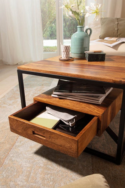 Koffietafel Massif Sheesham-Hout en Metaal 60x60x40 cm Salontafel | Tafel Woonkamer Vierkant met Lade | Kleine Woonkamertafel Bijzettafel