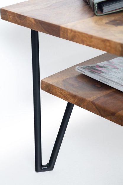 Salontafel 90x50x40 cm Sheesham massief hout/metaal Banktafel Rechthoekig | Design woonkamertafel salontafel met opbergruimte | Houten tafel woonkamer industrieel vierrond