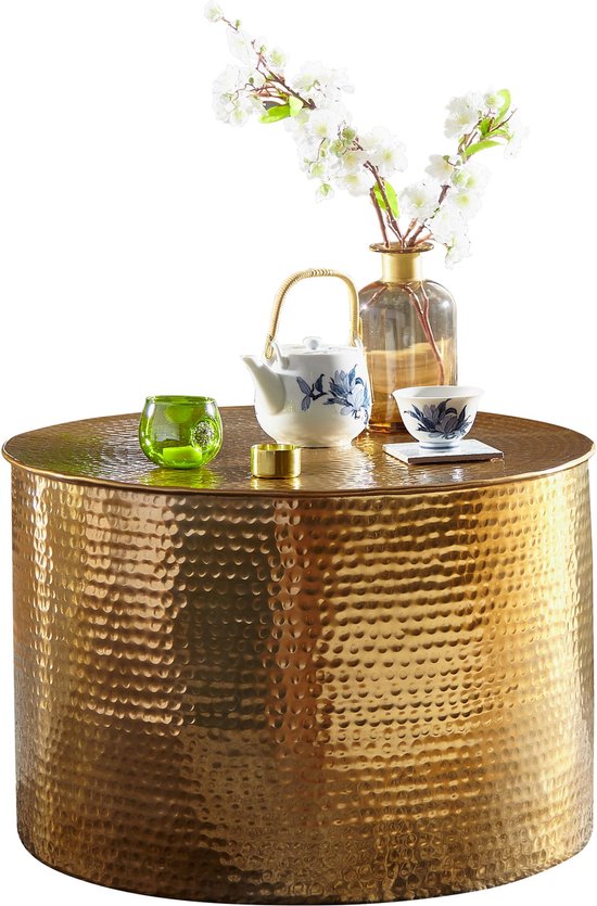 salontafel RAHI 61 x 40,5 x 61 cm Aluminium gouden bijzettafel Oosterse ronde | Plat gehamerd koffietafeltje metaal Design Salontafel Modern | Salontafel Indian Stubentisch Klein