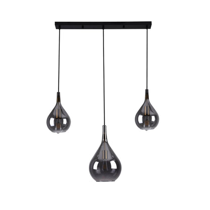 3-be hanglamp "Gota", retro klassieke hanglamp gemaakt van zwart rookglas met E27-frames, 88 cm lang, 150 hoog, ideaal voor eetkamer, woonkamer en keuken.