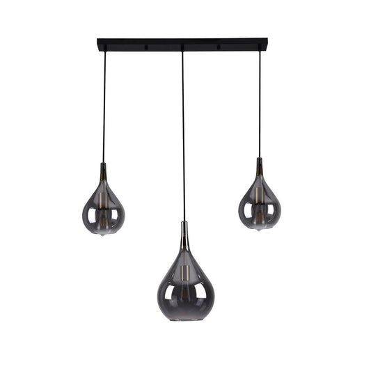 3-be hanglamp "Gota", retro klassieke hanglamp gemaakt van zwart rookglas met E27-frames, 88 cm lang, 150 hoog, ideaal voor eetkamer, woonkamer en keuken.