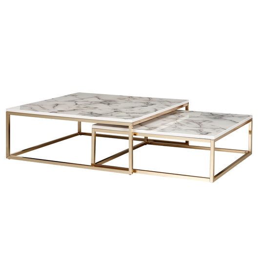 design salontafel set van 2 wit marmer optiek hoekig | Salontafels 2-delig tafelframe metaal goud | Edele salontafels | Moderne nesttafels