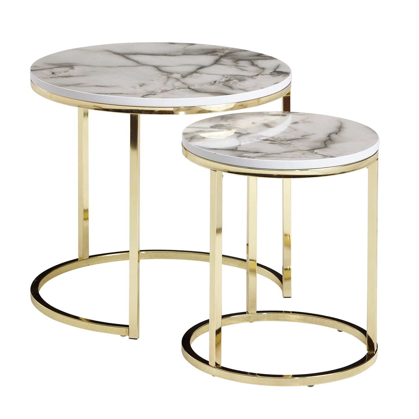 design bijzettafel set van 2 wit marmer look rond | Salontafel 2-delig tafelframe metaal goud | Kleine salontafels | Moderne nesttafels