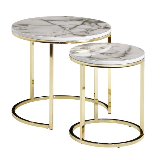 design bijzettafel set van 2 wit marmer look rond | Salontafel 2-delig tafelframe metaal goud | Kleine salontafels | Moderne nesttafels