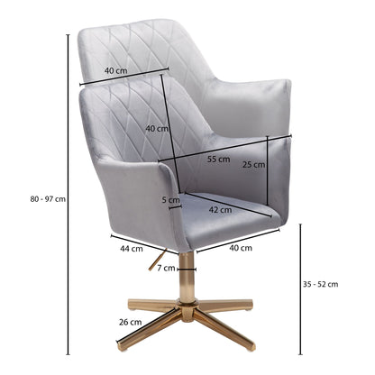bureaustoel grijs velvet design draaifauteuil met rugleuning | kuipstoel 120 kg in hoogte verstelbaar | Werkstoel zonder wielen | Stoel bureau thuiskantoor Draaibaar