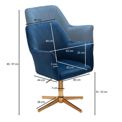 Bureaustoel donkerblauw velvet design, draaifauteuil met rugleuning
