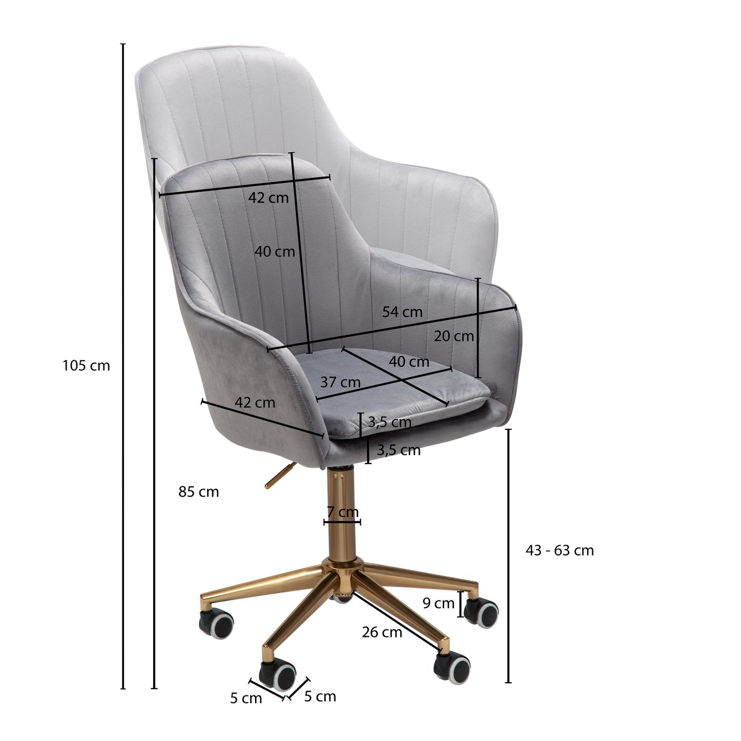 bureau  fluweel grijs | Design draaistoel met rugleuning | Werkstoel 120 kg in hoogte verstelbaar | Schelpstoel met wielen | Schommelstoel