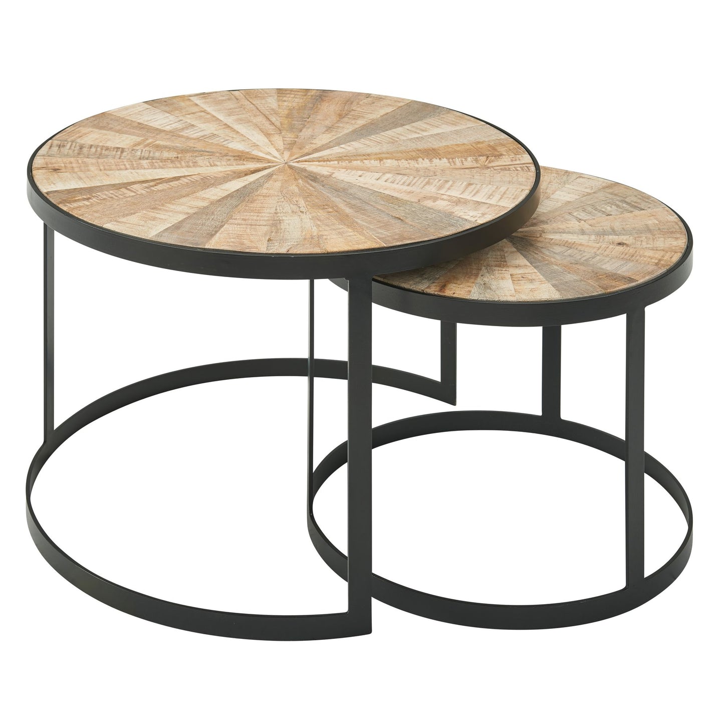 design salontafel set van 2 mango massief houten bijzettafels rond | Salontafel met metalen poten bruin | Placemat 2-delige nesttafel hout / metaal zwart