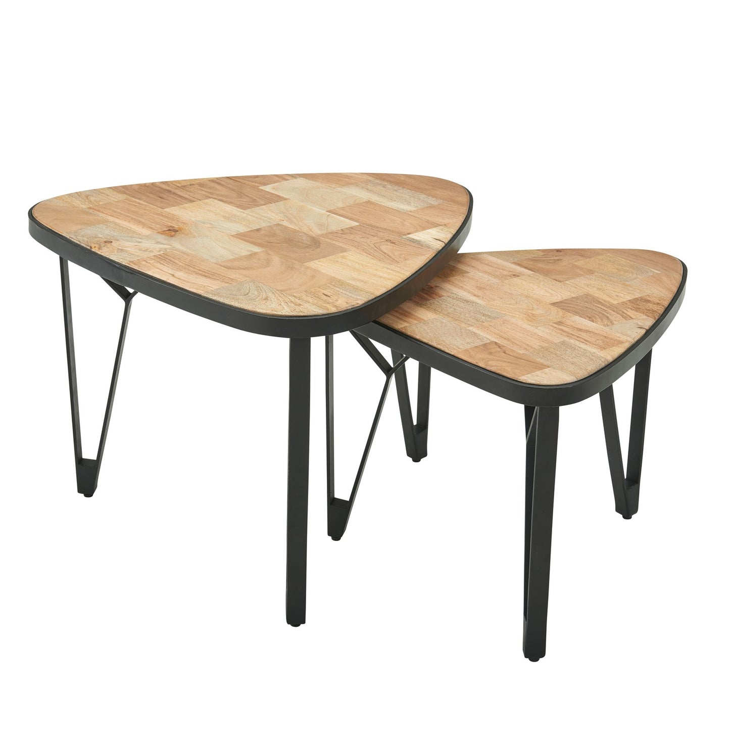 design salontafel set van 2 mango / acacia massief houten bijzettafels driehoekig | Bruine salontafel met metalen poten | Placemat 2-delige nesttafel hout / metaal zwart