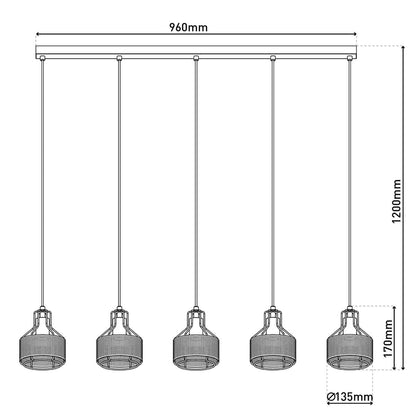 5 hanger lamp "foro" retro hanger lamp gemaakt van metaal in zwart en goud met E27 -versies, 96 cm lang. Stijlvolle verlichting voor woonkamer, eetkamer of keuken.