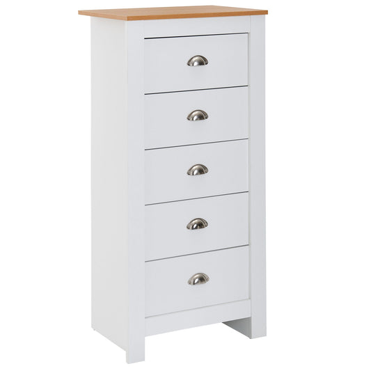 dressoir met 5 lades 53x114x39 cm ladekast wit / eiken modern | Design dressoir hoog smal | Commode woonkamer
