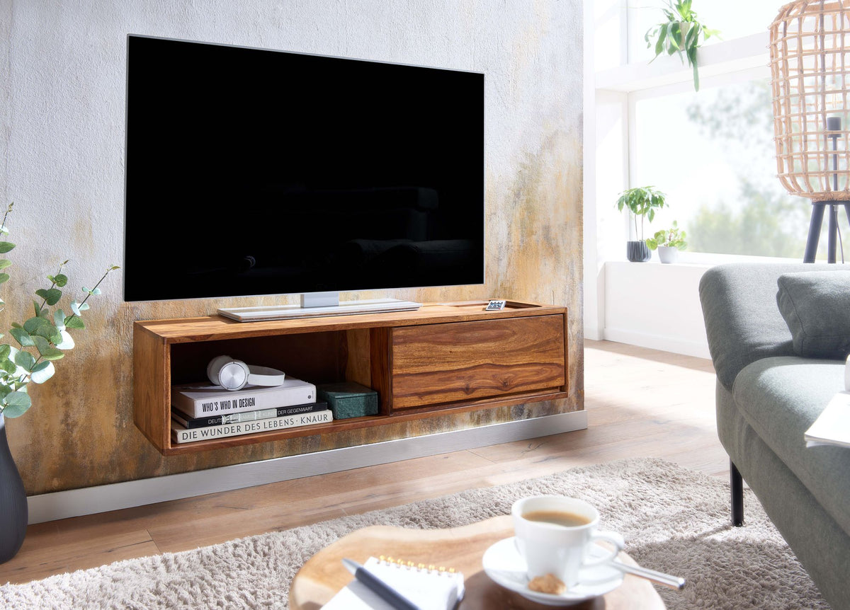 HiFi Lowboard Hangend Sheesham Massief Hout 108x25x34 cm TV-Dressoir