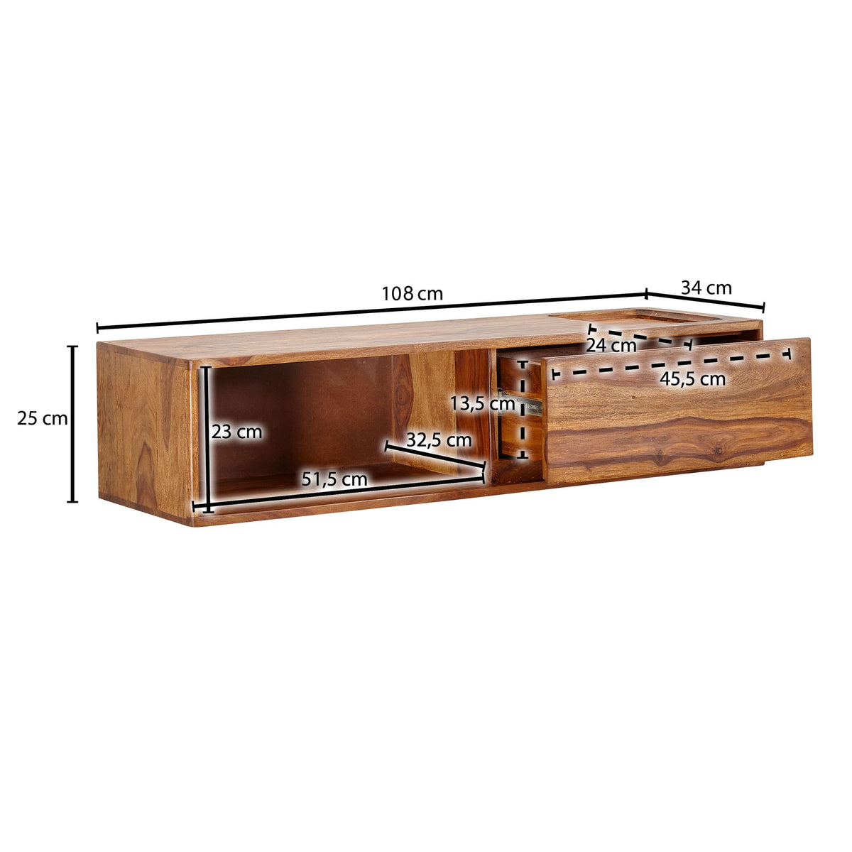 HiFi Lowboard Hangend Sheesham Massief Hout 108x25x34 cm TV-Dressoir