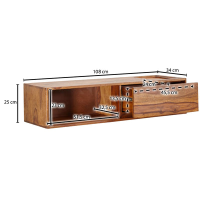 HiFi Lowboard Hangend Sheesham Massief Hout 108x25x34 cm TV-Dressoir