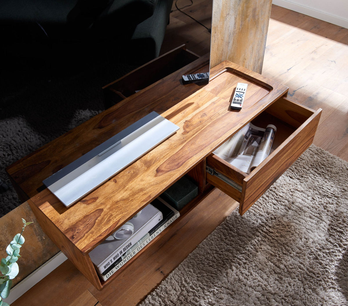 HiFi Lowboard Hangend Sheesham Massief Hout 108x25x34 cm TV-Dressoir