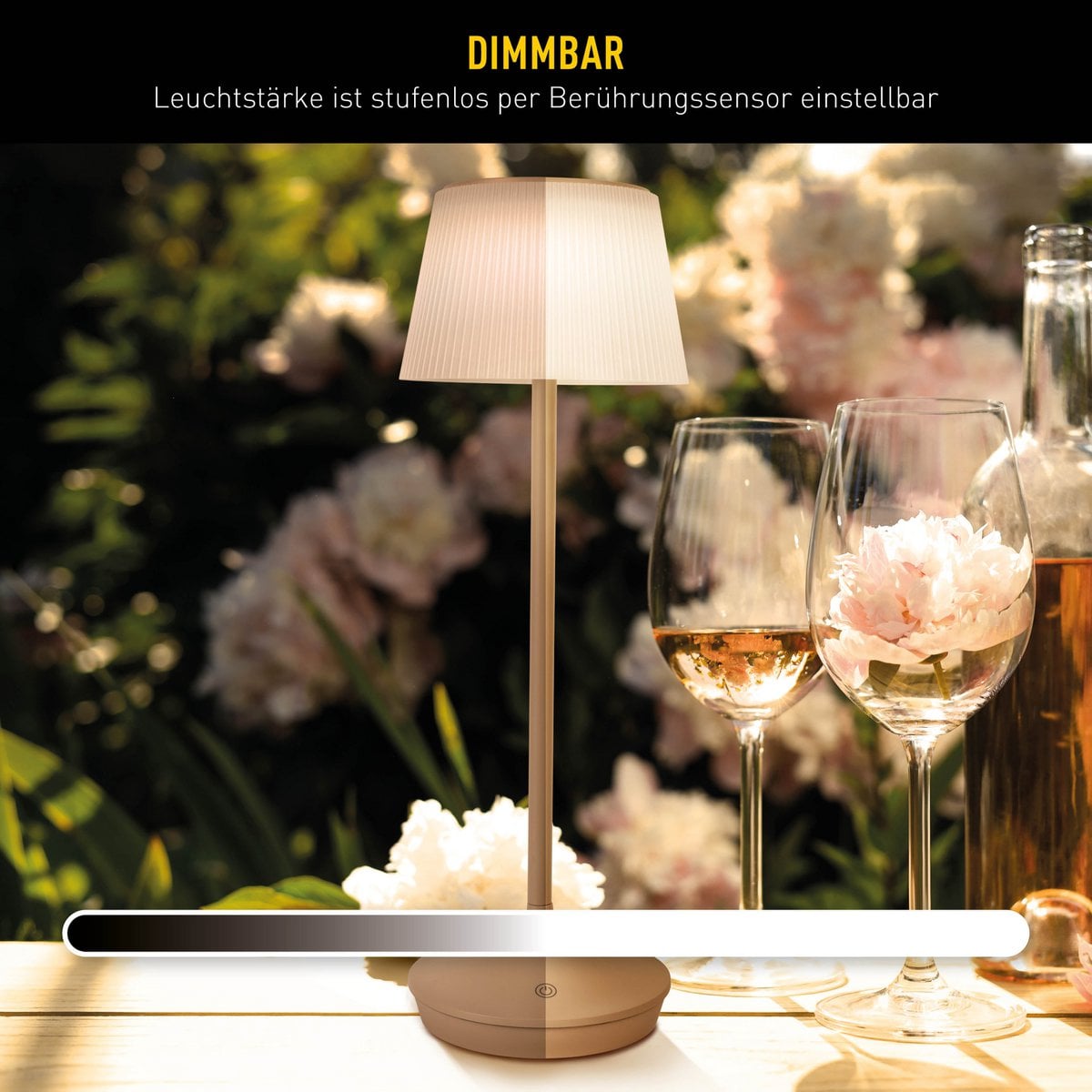 Zonne -batterijlamp "EMMI" 38 cm hoog, paraplu Ø 13 cm, metaal in amandel en wit plastic, voor de buitenruimte, dimable CCT.