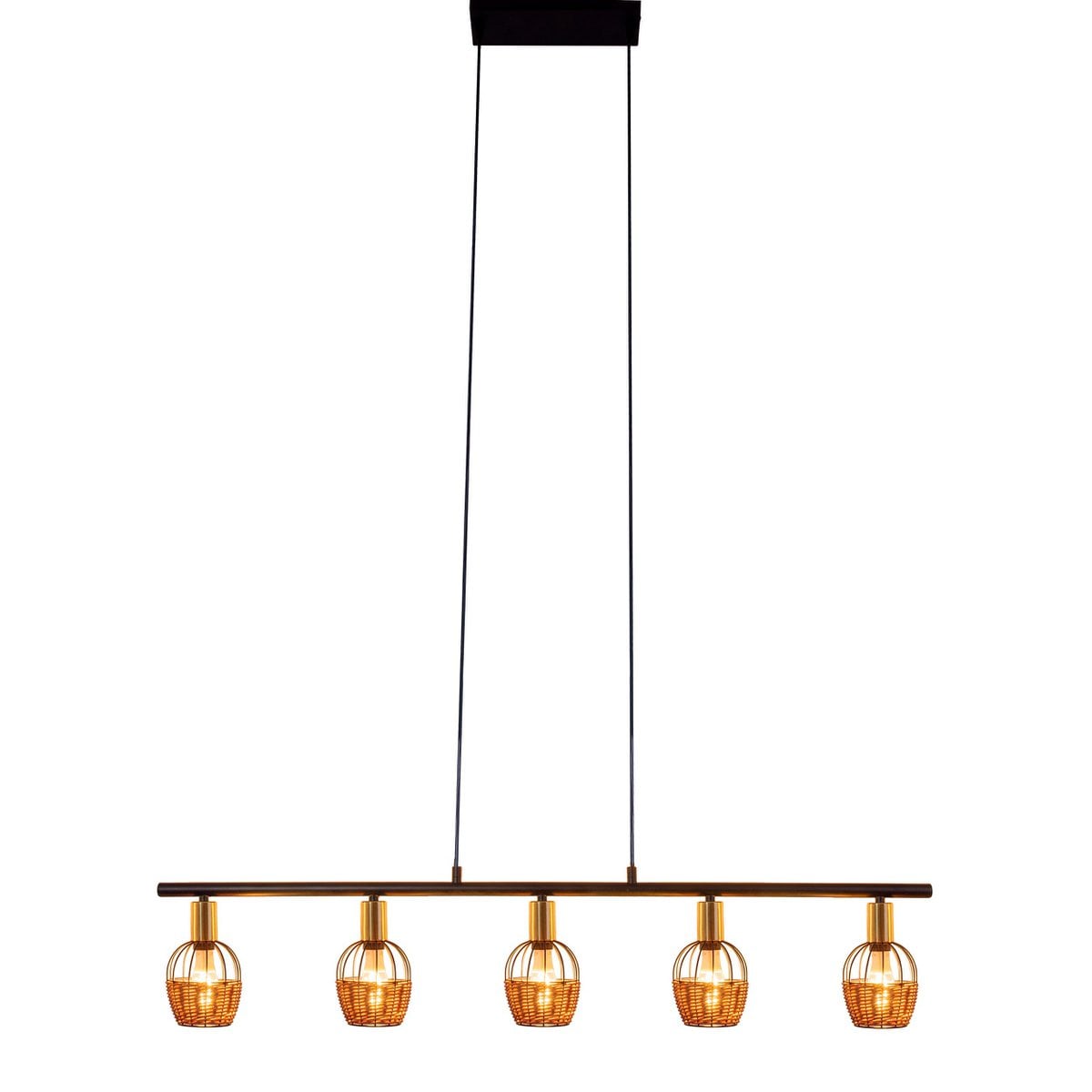 5 hanglamp "Corbis", echtelijke lamp gemaakt van zwart in zwart, met goud en rotan, met E14 -aansluiting, voor eetkamer, woonkamer, gang of kantoor, 100 cm lang