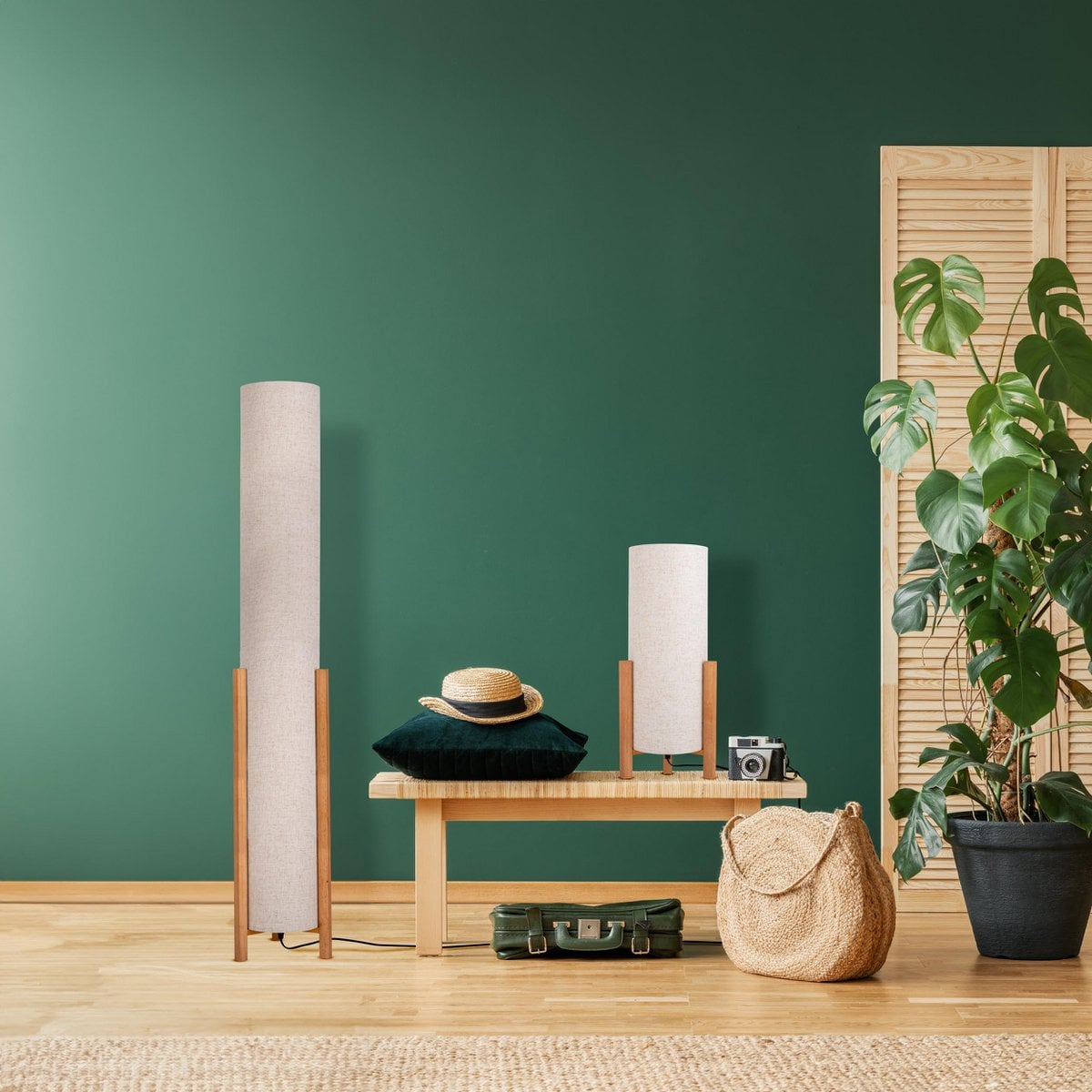 Tafellamp "Matilda" klassieke tafellamp met natuurlijk uiterlijk door hout en stofscherm, E27 -aansluiting, 52 cm hoog